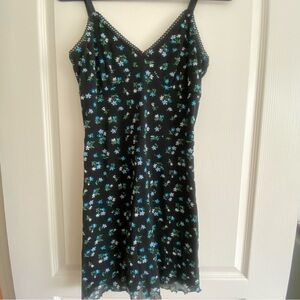 Boutique Europa Floral Black Dress with Blue and White Accents